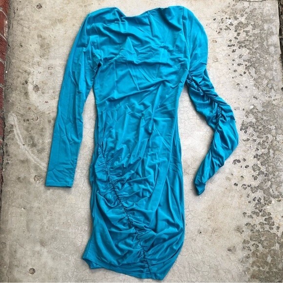 Ronny Kobo Mini Dress Ruched Asymmetrical Trista Turquoise Blue NWT M - Picture 8 of 8